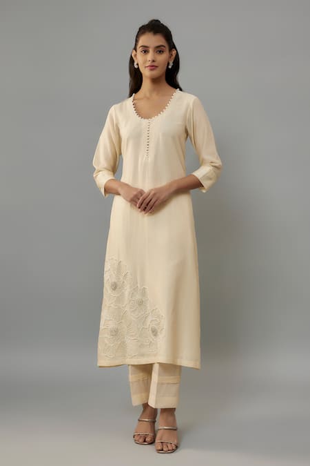 Shop_The Aarya_Ivory Organza, Handloom Cotton, Chanderi Pearls Round Embroidered Kurta Pant Set _Online_at_Aza_Fashions