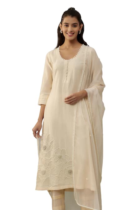 Shop_The Aarya_Ivory Organza, Handloom Cotton, Chanderi Pearls Round Embroidered Kurta Pant Set 