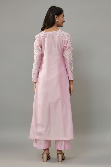 The Aarya Pink Handloom Cotton, Chanderi Pearls Hand Embroidered Kurta And Palazzo Set Online at Aza Fashions The Aarya_Pink Handloom Cotton, Chanderi Pearls Hand Embroidered Kurta And Palazzo Set _Online_at_Aza_Fashions