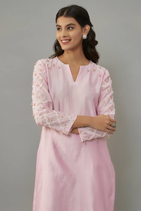 Buy The Aarya Pink Handloom Cotton, Chanderi Pearls Hand Embroidered Kurta And Palazzo Set Online at Aza Fashions Buy_The Aarya_Pink Handloom Cotton, Chanderi Pearls Hand Embroidered Kurta And Palazzo Set _Online_at_Aza_Fashions