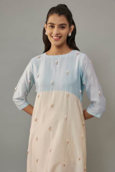 Buy_The Aarya_Ivory Handloom Cotton, Chanderi Pearls Boat Neck Embroidered Kurta And Palazzo Set _Online_at_Aza_Fashions