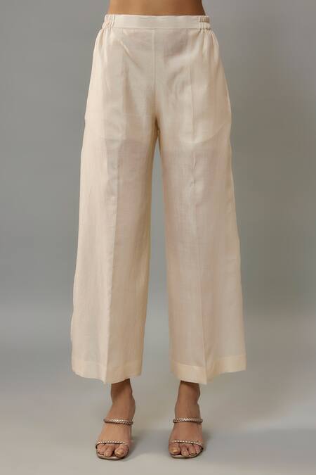 The Aarya_Ivory Handloom Cotton, Chanderi Pearls Boat Neck Embroidered Kurta And Palazzo Set _at_Aza_Fashions