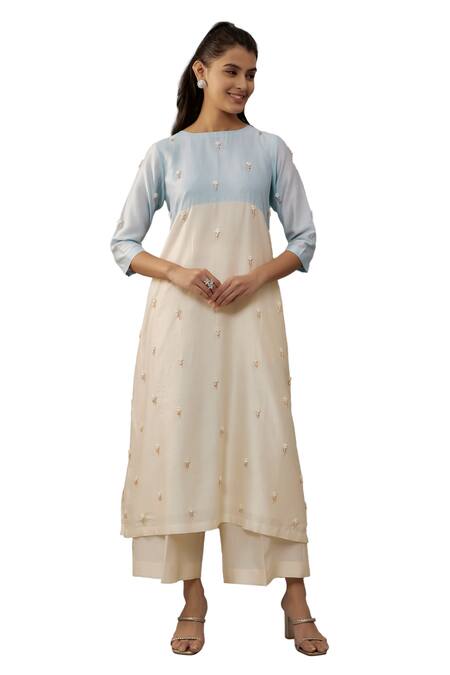 Buy_The Aarya_Ivory Handloom Cotton, Chanderi Pearls Boat Neck Embroidered Kurta And Palazzo Set 