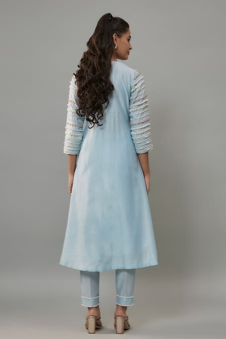 The Aarya Blue Organza, Handloom Cotton, Chanderi Pearls Hand Embroidered Kurta Pant Set Online at Aza Fashions The Aarya_Blue Organza, Handloom Cotton, Chanderi Pearls Hand Embroidered Kurta Pant Set _Online_at_Aza_Fashions
