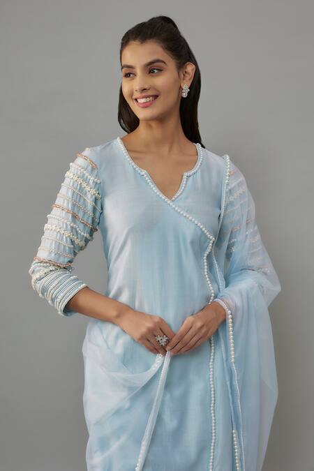 Buy The Aarya Blue Organza, Handloom Cotton, Chanderi Pearls Hand Embroidered Kurta Pant Set Online at Aza Fashions Buy_The Aarya_Blue Organza, Handloom Cotton, Chanderi Pearls Hand Embroidered Kurta Pant Set _Online_at_Aza_Fashions