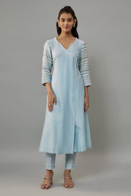 Shop The Aarya Blue Organza, Handloom Cotton, Chanderi Pearls Hand Embroidered Kurta Pant Set Online at Aza Fashions Shop_The Aarya_Blue Organza, Handloom Cotton, Chanderi Pearls Hand Embroidered Kurta Pant Set _Online_at_Aza_Fashions