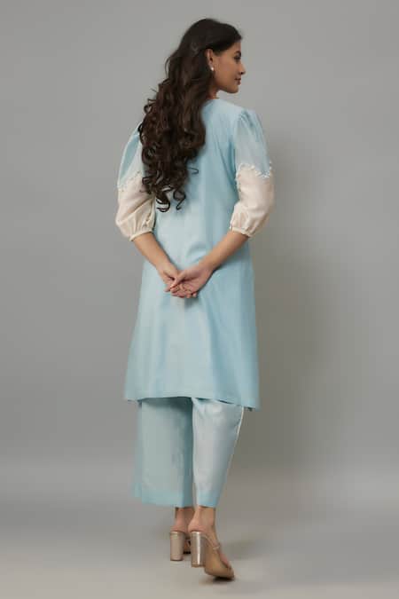 The Aarya Blue Handloom Cotton, Chanderi Pearls Round Hand Embroidered Kurta And Palazzo Set Online at Aza Fashions The Aarya_Blue Handloom Cotton, Chanderi Pearls Round Hand Embroidered Kurta And Palazzo Set _Online_at_Aza_Fashions