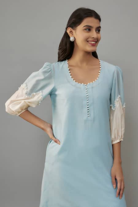 Buy The Aarya Blue Handloom Cotton, Chanderi Pearls Round Hand Embroidered Kurta And Palazzo Set Online at Aza Fashions Buy_The Aarya_Blue Handloom Cotton, Chanderi Pearls Round Hand Embroidered Kurta And Palazzo Set _Online_at_Aza_Fashions
