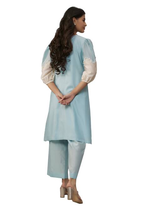 Shop The Aarya Blue Handloom Cotton, Chanderi Pearls Round Hand Embroidered Kurta And Palazzo Set Online at Aza Fashions Shop_The Aarya_Blue Handloom Cotton, Chanderi Pearls Round Hand Embroidered Kurta And Palazzo Set _Online_at_Aza_Fashions