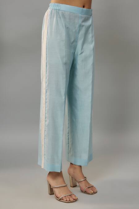 The Aarya Blue Handloom Cotton, Chanderi Pearls Round Hand Embroidered Kurta And Palazzo Set at Aza Fashions The Aarya_Blue Handloom Cotton, Chanderi Pearls Round Hand Embroidered Kurta And Palazzo Set _at_Aza_Fashions