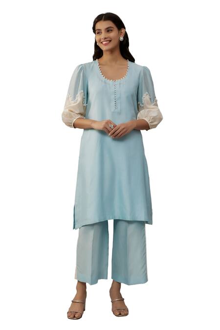 Buy The Aarya Blue Handloom Cotton, Chanderi Pearls Round Hand Embroidered Kurta And Palazzo Set Buy_The Aarya_Blue Handloom Cotton, Chanderi Pearls Round Hand Embroidered Kurta And Palazzo Set