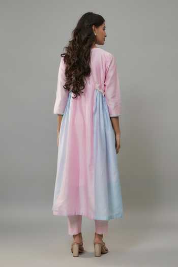 The Aarya_Pink Handloom Cotton, Chanderi Pearls Split V-neck Embroidered Kurta And Pant Set _Online_at_Aza_Fashions