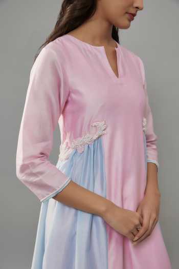 Buy_The Aarya_Pink Handloom Cotton, Chanderi Pearls Split V-neck Embroidered Kurta And Pant Set _Online_at_Aza_Fashions