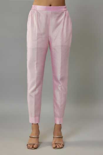 Shop_The Aarya_Pink Handloom Cotton, Chanderi Pearls Split V-neck Embroidered Kurta And Pant Set _Online_at_Aza_Fashions
