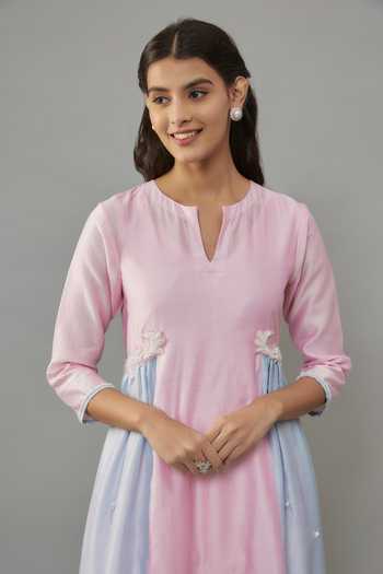 The Aarya_Pink Handloom Cotton, Chanderi Pearls Split V-neck Embroidered Kurta And Pant Set _at_Aza_Fashions