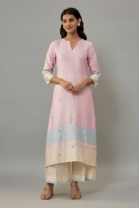 The Aarya Pink Handwoven Chanderi Hand Embroidered Pearls Notched Kurta And Palazzo Set