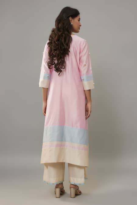 The Aarya_Pink Chanderi, Handloom Cotton Pearls Split Embroidered Kurta And Palazzo Set _Online_at_Aza_Fashions