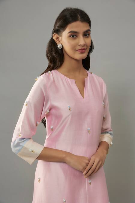 Buy_The Aarya_Pink Chanderi, Handloom Cotton Pearls Split Embroidered Kurta And Palazzo Set _Online_at_Aza_Fashions