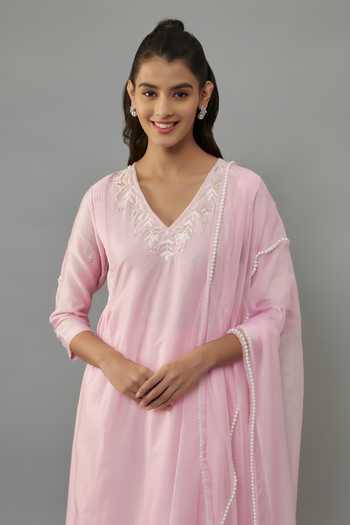 Shop The Aarya Pink Organza, Handloom Cotton, Chanderi Pearls Embroidered Kurta Palazzo Set Online at Aza Fashions Shop_The Aarya_Pink Organza, Handloom Cotton, Chanderi Pearls Embroidered Kurta Palazzo Set _Online_at_Aza_Fashions