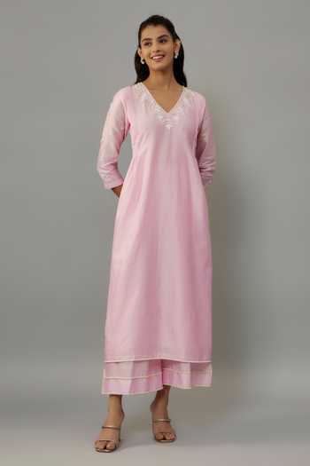 The Aarya Pink Organza, Handloom Cotton, Chanderi Pearls Embroidered Kurta Palazzo Set at Aza Fashions The Aarya_Pink Organza, Handloom Cotton, Chanderi Pearls Embroidered Kurta Palazzo Set _at_Aza_Fashions