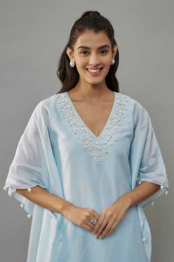 Buy_The Aarya_Blue Handloom Cotton, Chanderi Pearls Hand Embroidered Kaftan And Palazzo Set _Online_at_Aza_Fashions