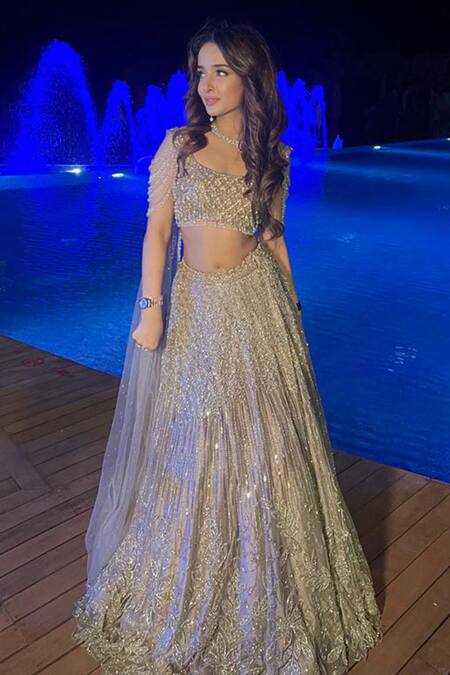 Isa By Dolly Wahal_Gold Net Crystals, Sequins, Cut Work Scoop Neck Leaf Embroidered Lehenga Set _Online_at_Aza_Fashions
