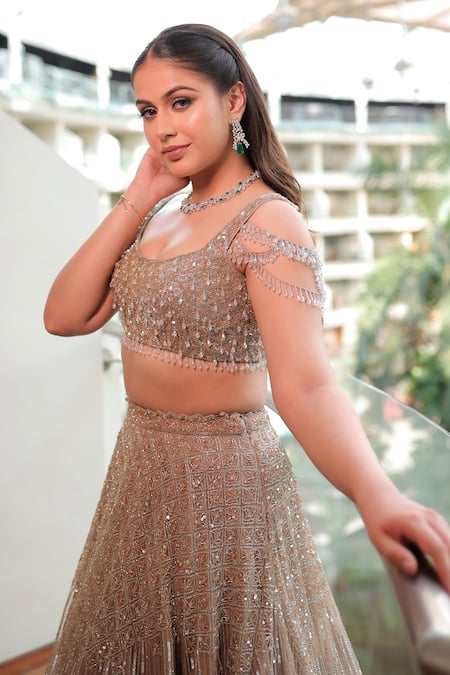 Buy_Isa By Dolly Wahal_Gold Net Crystals, Sequins, Cut Work Scoop Neck Leaf Embroidered Lehenga Set _Online_at_Aza_Fashions