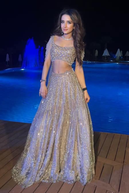 Shop_Isa By Dolly Wahal_Gold Net Crystals, Sequins, Cut Work Scoop Neck Leaf Embroidered Lehenga Set _Online_at_Aza_Fashions