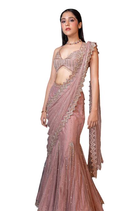 Buy_Isa By Dolly Wahal_Pink Net Isabelle Champagne Zig-zag Embroidered Saree And Strappy Blouse Set _Online_at_Aza_Fashions
