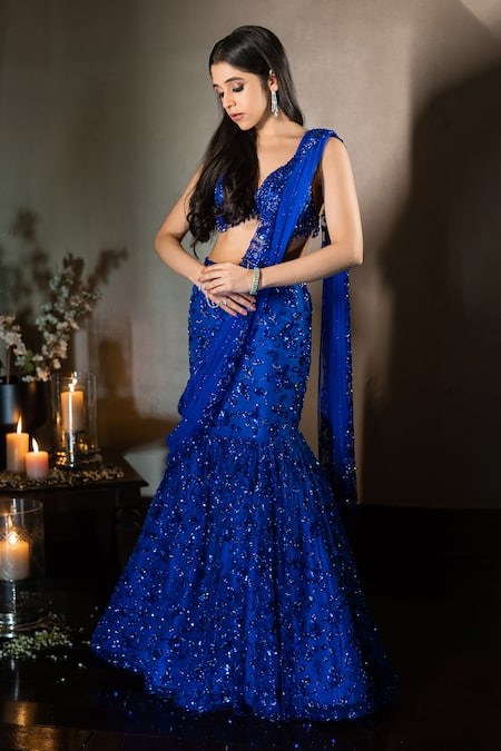Shop_Isa By Dolly Wahal_Blue Net Sequins, Crystals, Cut Work Firefly Fishcut Embroidered Lehenga Set _at_Aza_Fashions