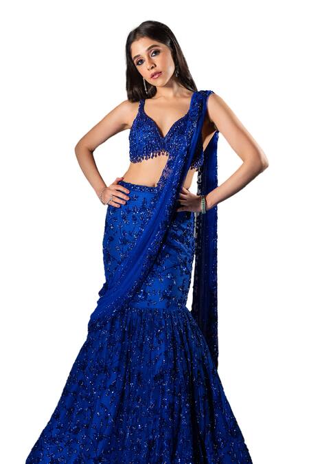 Buy_Isa By Dolly Wahal_Blue Net Sequins, Crystals, Cut Work Firefly Fishcut Embroidered Lehenga Set _Online_at_Aza_Fashions