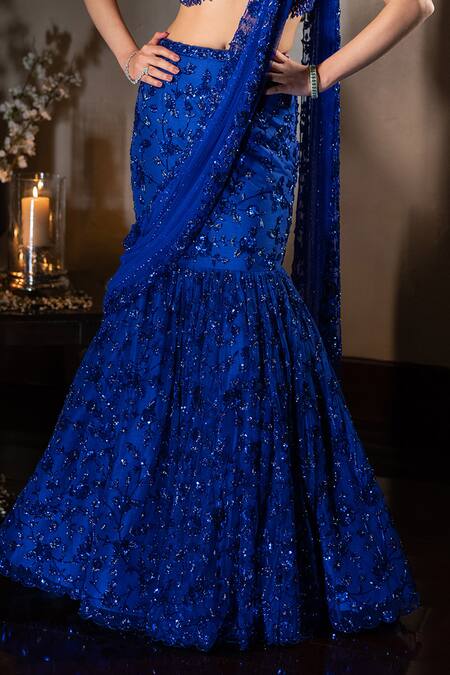Shop_Isa By Dolly Wahal_Blue Net Sequins, Crystals, Cut Work Firefly Fishcut Embroidered Lehenga Set _Online_at_Aza_Fashions