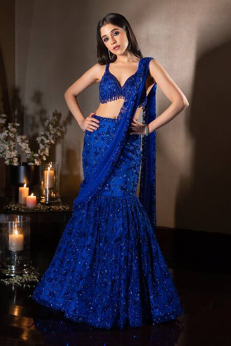 Isa By Dolly Wahal_Blue Net Sequins, Crystals, Cut Work Firefly Fishcut Embroidered Lehenga Set _at_Aza_Fashions