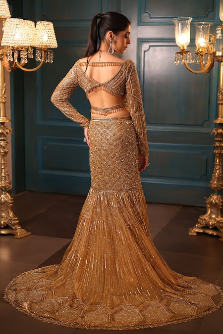 Isa By Dolly Wahal Celeste Fishcut Trail Embroidered Lehenga Set 