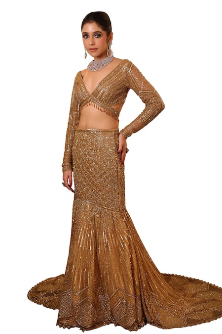 Isa By Dolly Wahal Gold Net Sequins, Crystals V-neck Celeste Fishcut Trail Embroidered Lehenga Set Online at Aza Fashions Isa By Dolly Wahal_Gold Net Sequins, Crystals V-neck Celeste Fishcut Trail Embroidered Lehenga Set _Online_at_Aza_Fashions