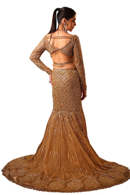 Buy Isa By Dolly Wahal Gold Net Sequins, Crystals V-neck Celeste Fishcut Trail Embroidered Lehenga Set Buy_Isa By Dolly Wahal_Gold Net Sequins, Crystals V-neck Celeste Fishcut Trail Embroidered Lehenga Set