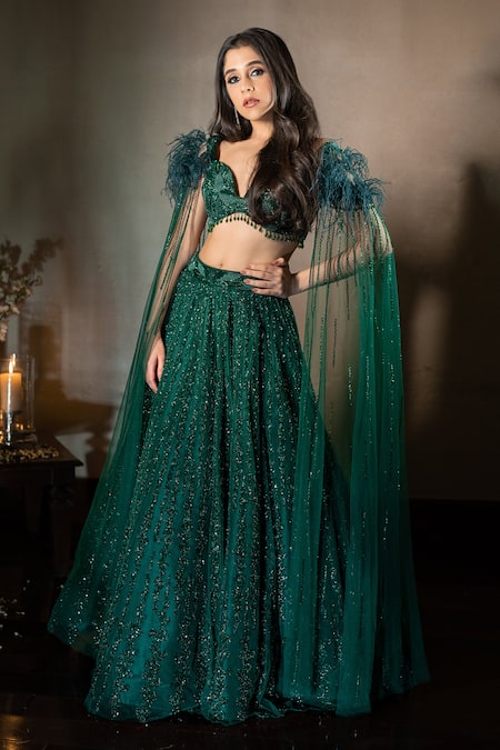 Isa By Dolly Wahal Emerald Green Net Hand Gemma Geometric Lehenga With Cape Sleeve Blouse 