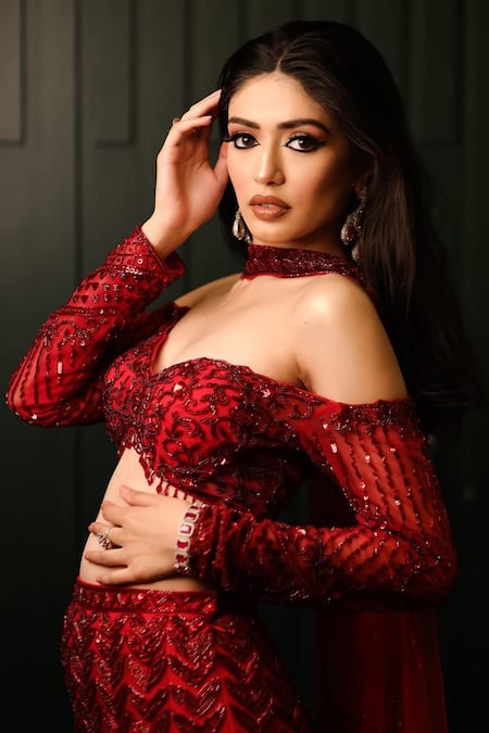 Isa By Dolly Wahal_Red Net Sequins, Crystals, Cut Work Off-shoulder Fishcut Embroidered Lehenga Set _Online_at_Aza_Fashions