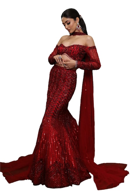 Shop_Isa By Dolly Wahal_Red Net Sequins, Crystals, Cut Work Off-shoulder Fishcut Embroidered Lehenga Set _Online_at_Aza_Fashions