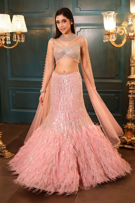 Isa By Dolly Wahal Pink Net Hand Embroidery Feathers V-neck Fishcut Lehenga And Blouse Set 