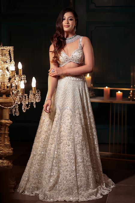 Buy Isa By Dolly Wahal Ivory Net Crystals, Pearls, Sequins Sweetheart Floral Embroidered Lehenga Set Online at Aza Fashions Buy_Isa By Dolly Wahal_Ivory Net Crystals, Pearls, Sequins Sweetheart Floral Embroidered Lehenga Set _Online_at_Aza_Fashions