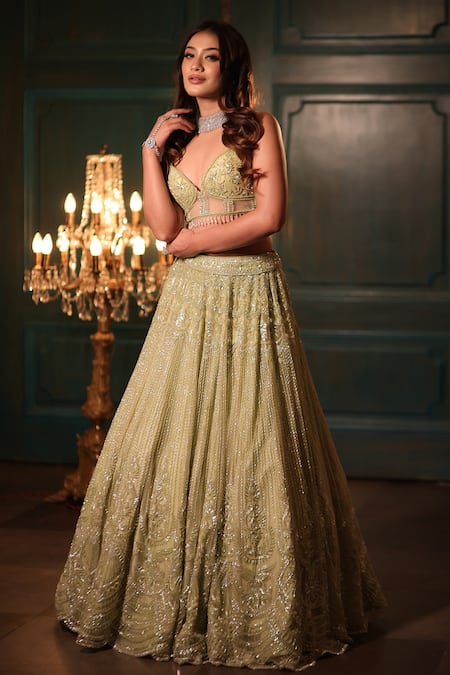 Shop Isa By Dolly Wahal Green Net Sequins, Crystals, Beads Feather Pistachio Embroidered Lehenga Set at Aza Fashions Shop_Isa By Dolly Wahal_Green Net Sequins, Crystals, Beads Feather Pistachio Embroidered Lehenga Set _at_Aza_Fashions