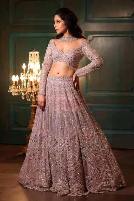 Shop Isa By Dolly Wahal Purple Net Sequins, Pearls, Crystals, Cut Work Luna Embroidered Lehenga Set at Aza Fashions Shop_Isa By Dolly Wahal_Purple Net Sequins, Pearls, Crystals, Cut Work Luna Embroidered Lehenga Set _at_Aza_Fashions