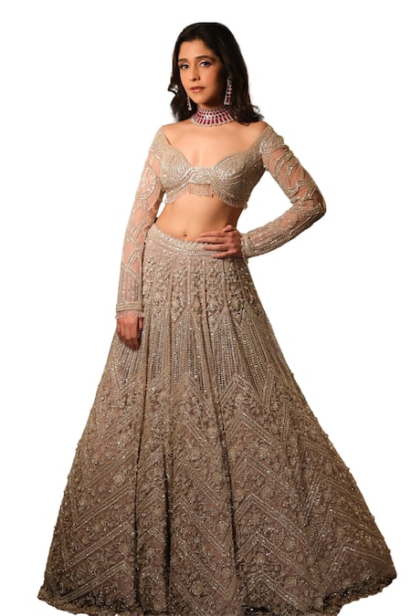 Isa By Dolly Wahal Grey Net Sequins, Cut Work Metallic Embroidered Attached Can-can Lehenga Set Online at Aza Fashions Isa By Dolly Wahal_Grey Net Sequins, Cut Work Metallic Embroidered Attached Can-can Lehenga Set _Online_at_Aza_Fashions
