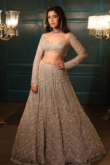 Buy Isa By Dolly Wahal Grey Net Sequins, Cut Work Metallic Embroidered Attached Can-can Lehenga Set Online at Aza Fashions Buy_Isa By Dolly Wahal_Grey Net Sequins, Cut Work Metallic Embroidered Attached Can-can Lehenga Set _Online_at_Aza_Fashions