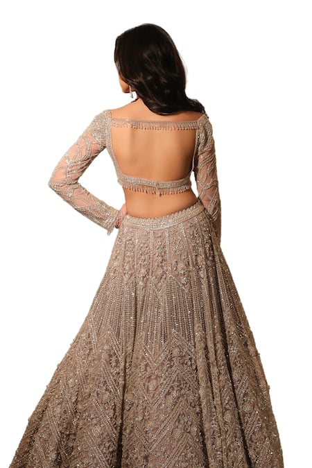 Isa By Dolly Wahal Grey Net Sequins, Cut Work Metallic Embroidered Attached Can-can Lehenga Set at Aza Fashions Isa By Dolly Wahal_Grey Net Sequins, Cut Work Metallic Embroidered Attached Can-can Lehenga Set _at_Aza_Fashions