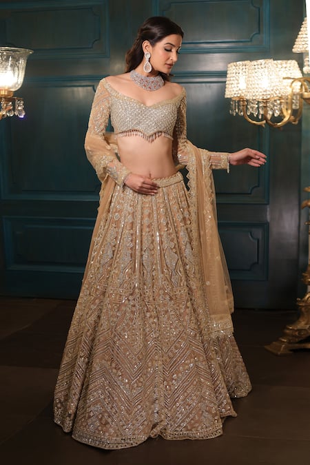 Isa By Dolly Wahal Gold Net Hand Embroidery Sequins Off-shoulder Geometric Lehenga Set 