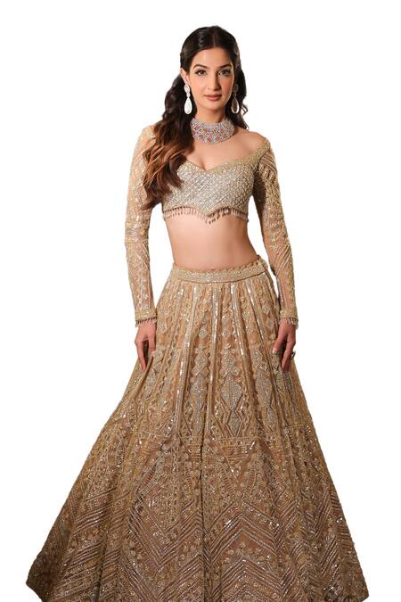 Isa By Dolly Wahal Gold Net Sequins Off-shoulder Geometric Embroidered Lehenga Set Online at Aza Fashions Isa By Dolly Wahal_Gold Net Sequins Off-shoulder Geometric Embroidered Lehenga Set _Online_at_Aza_Fashions