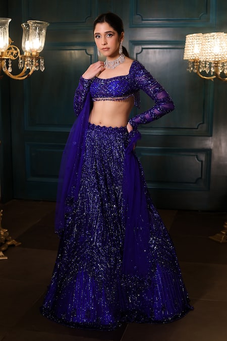 Isa By Dolly Wahal Blue Net Hand Embroidery Sequins Scoop Crystals Lehenga Set 