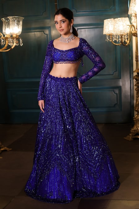 Isa By Dolly Wahal_Blue Net Cut Work, Sequins, Crystals, Beads Scoop Neck Embroidered Lehenga Set _Online_at_Aza_Fashions